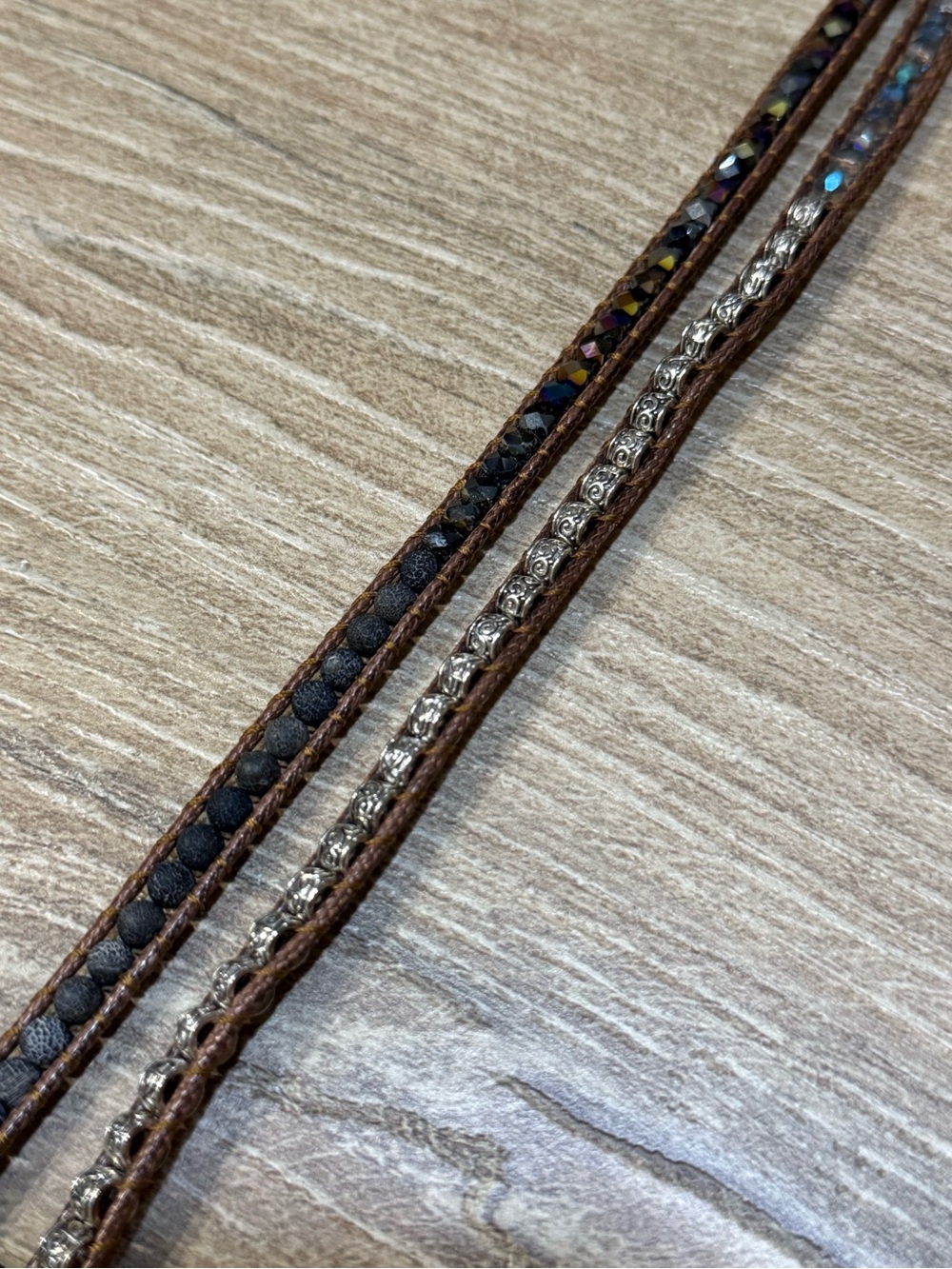 Boho Beaded Apple Watch Wrap Band Brown Cord Gray Stone Crystal Adjustable - Picture 3 of 11